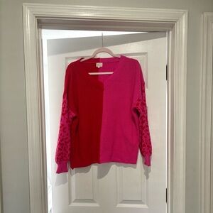Colorblock leopard print V-Neck Sweater - Pink/Red